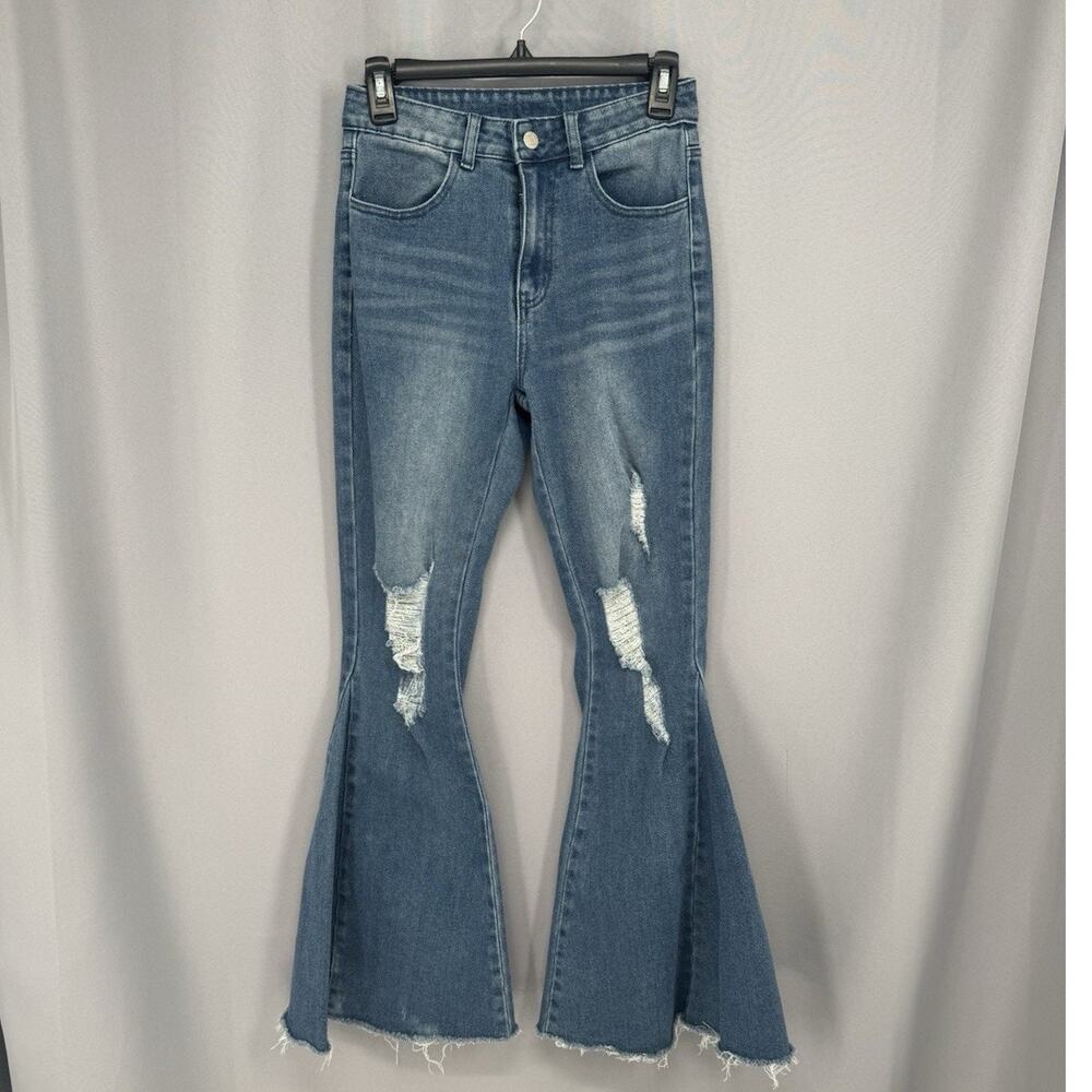 Saints & Hearts Bell Bottoms Small Blue Trumpet Flare Distressed Raw Hem Hippie